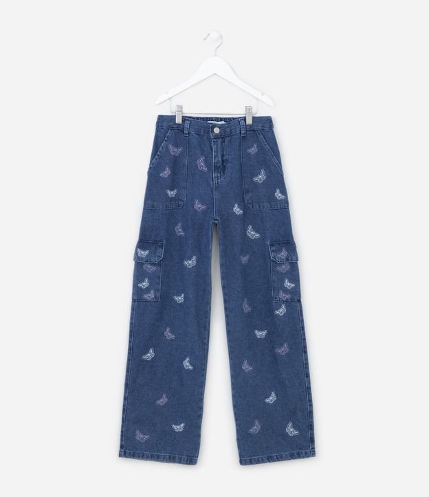 Calça Jeans Infantil Wide Leg com Borboletas Bordadas - Tam 5 a 14 anos