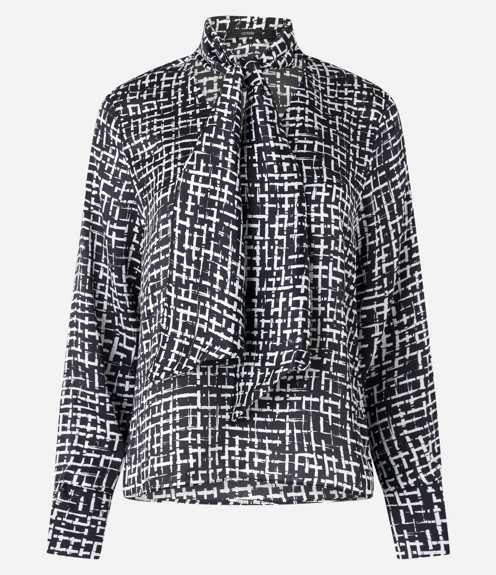 Blusa em Tecido Acetinado com Laço na Gola e Estampa Geométrica Preto/ Branco 6