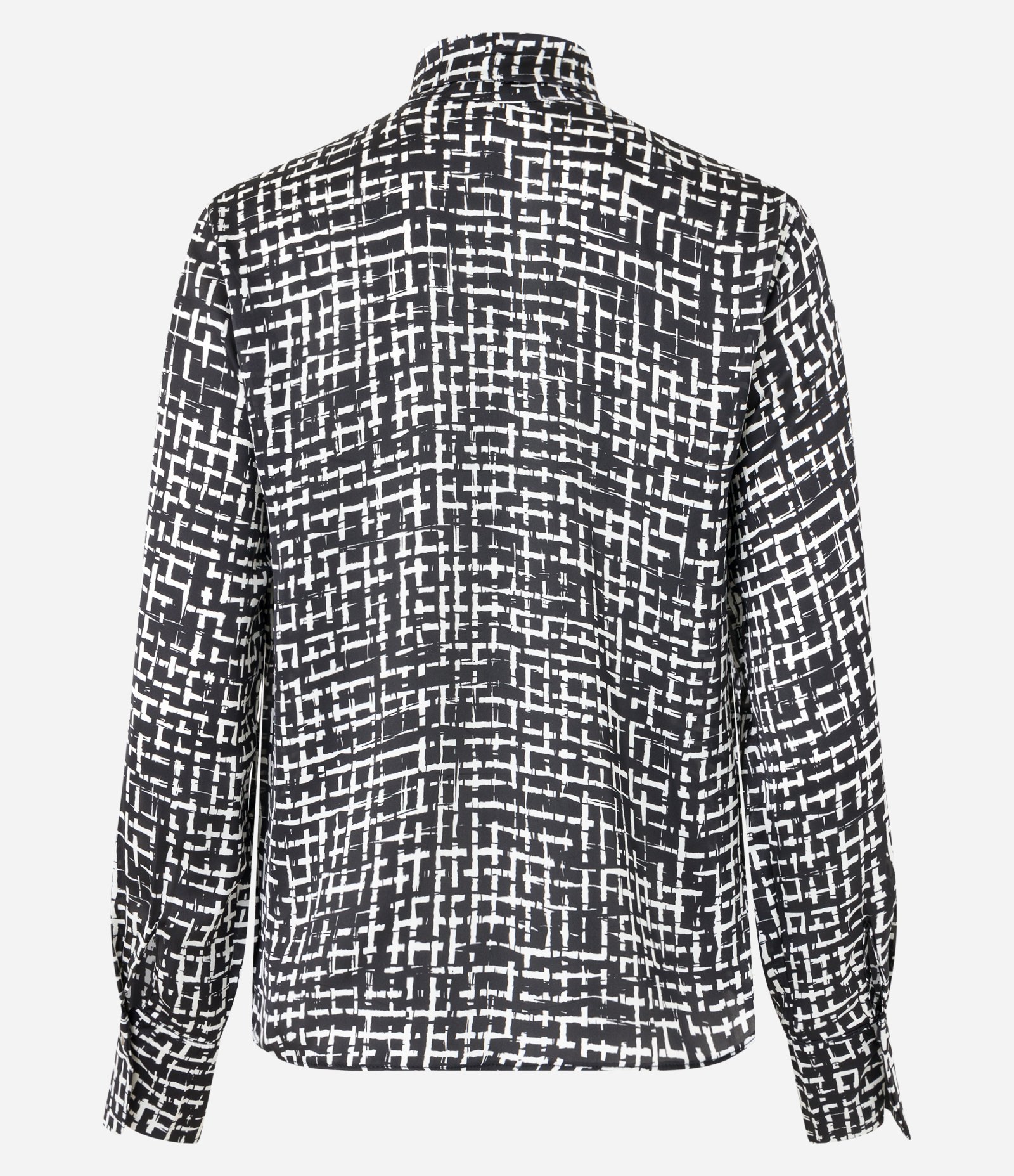 Blusa em Tecido Acetinado com Laço na Gola e Estampa Geométrica Preto/ Branco 7