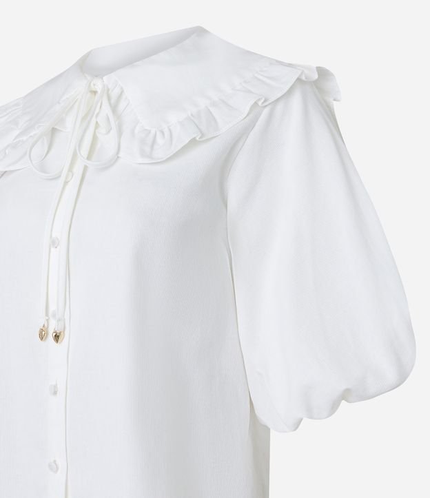 Camisa Manga Bufante em Algodão Maquinetado com Gola Boneca Off White 7