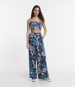 Calça Pantalona em Linho com Estampa Floral