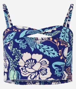 Blusa Cropped de Alça em Viscose Floral com Decote Coração