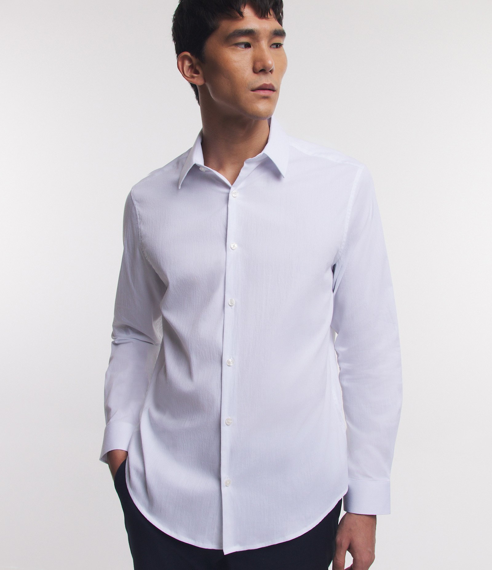 Camisa Regular Social em Algodão com Textura de Listras Branco 1