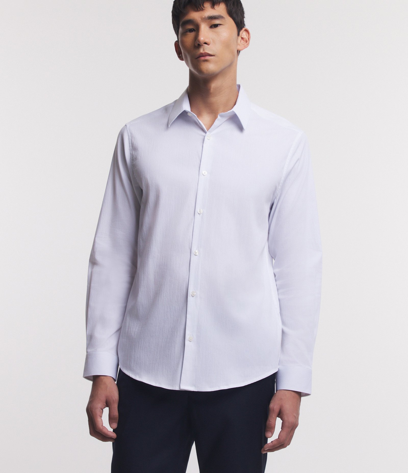 Camisa Regular Social em Algodão com Textura de Listras Branco 5