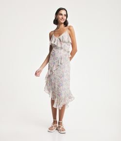 Vestido Midi Assimétrico em Chiffon com Babados e Estampa Floral Liberty