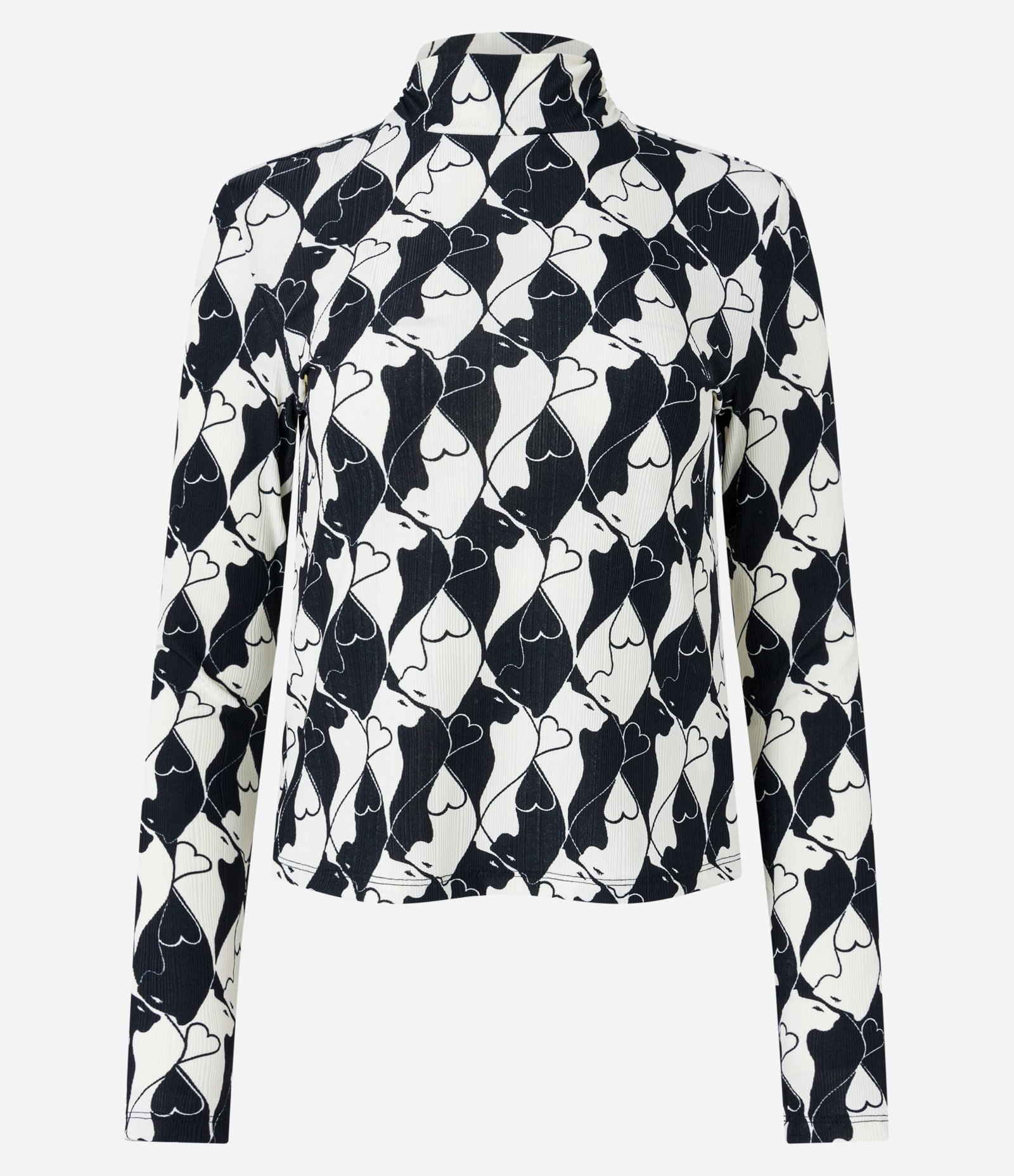 Blusa em Malha Plissage com Gola Alta e Estampa Corações Preto/ Branco 7