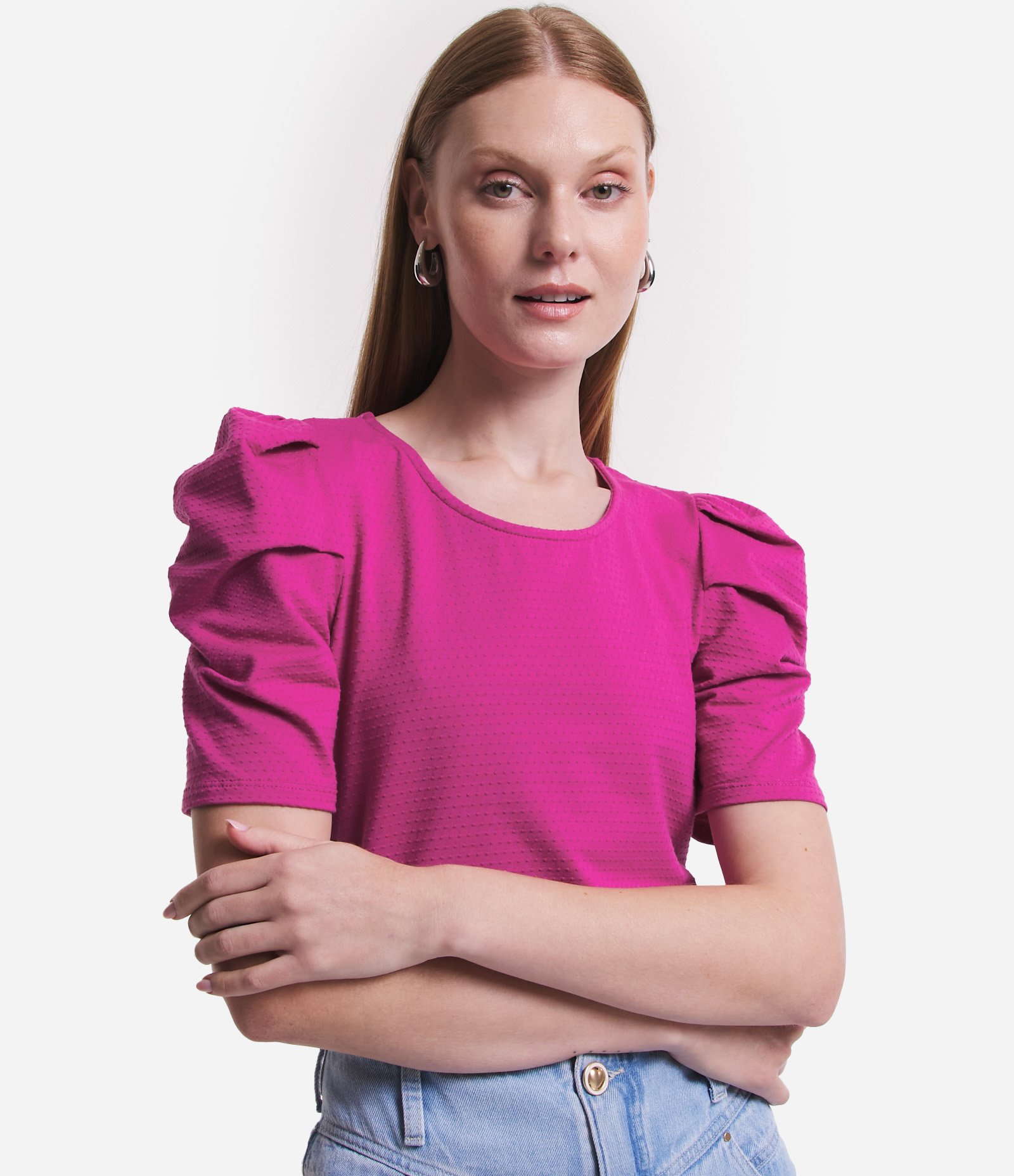 Blusa Texturizada em Algodão com Mangas Bufantes Rosa 1