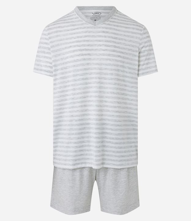 Pijama Curto em Meia Malha com Gola V e Estampa de Listras Cinza Claro 5