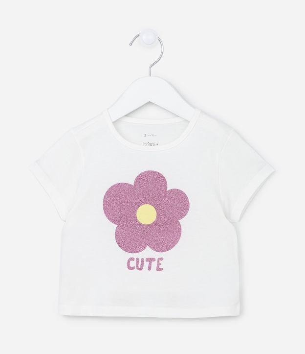 Camiseta Infantil em Meia Malha Estampa de Flor com Glitter - Tam 1 a 5 Anos Branco 1