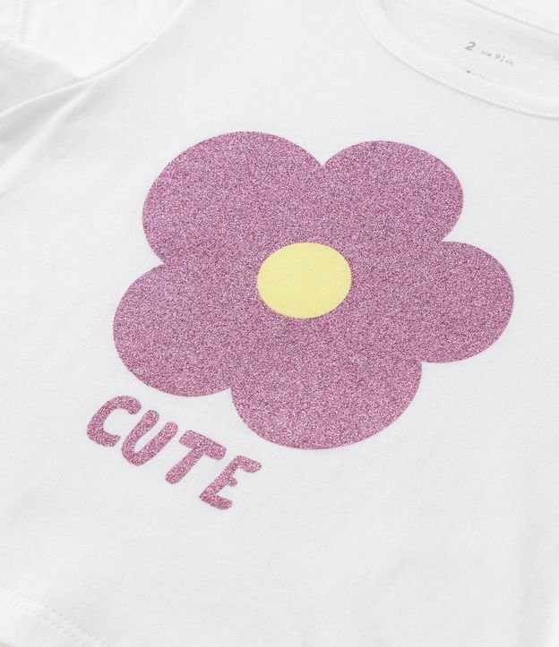 Camiseta Infantil em Meia Malha Estampa de Flor com Glitter - Tam 1 a 5 Anos Branco 3