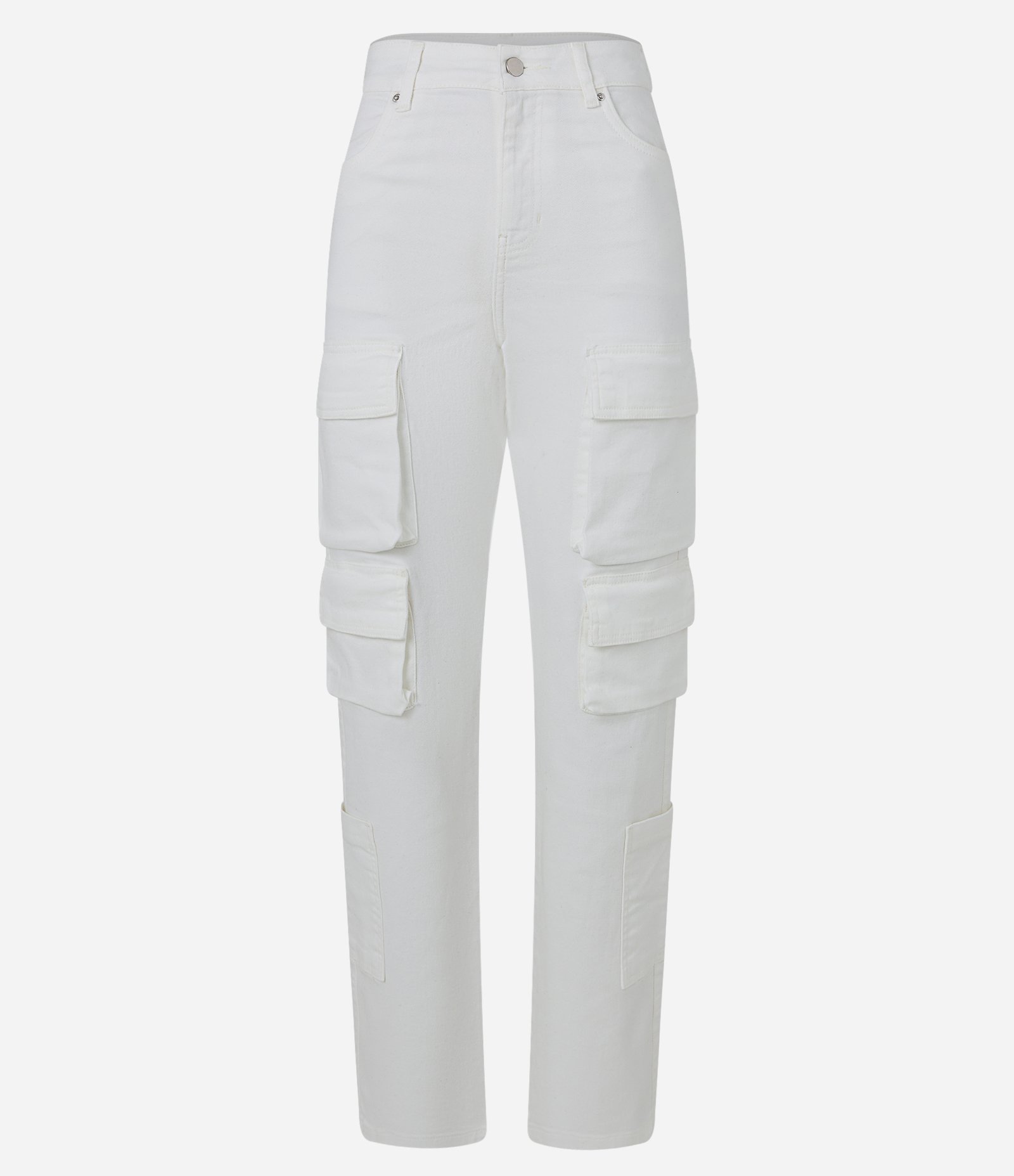 Calça Reta em Sarja com Bolsos Cargo Branco 4
