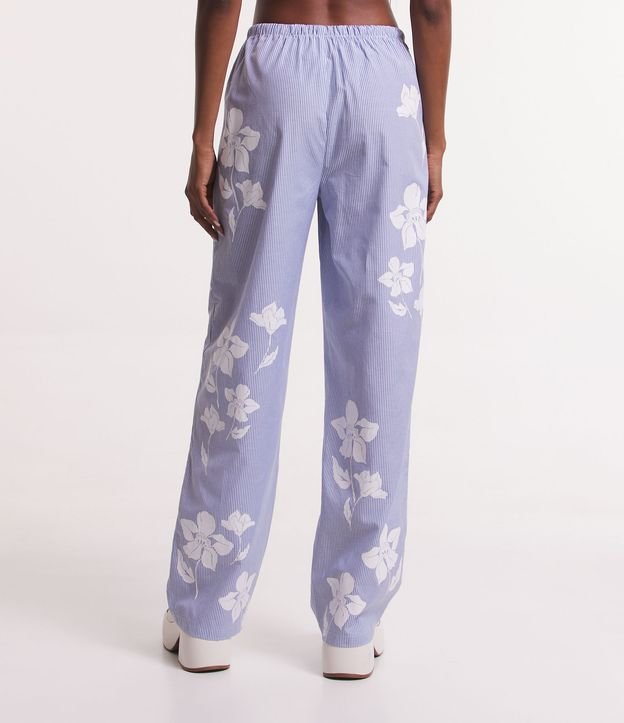 Calça Pantalona em Tricoline Listrada com Estampa de Flores Azul 3