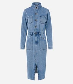 Vestido Midi Manga 3/4 em Jeans com Barra Desfeita