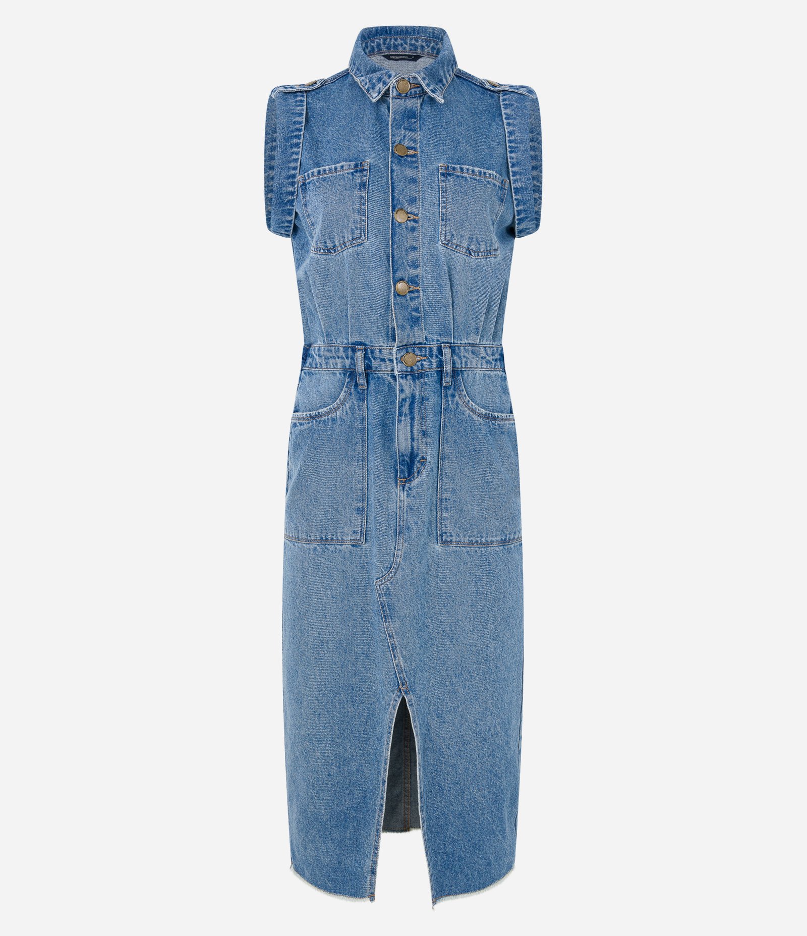 Vestido Midi em Jeans com Bolsos e Barra Desfiada Azul Médio 1