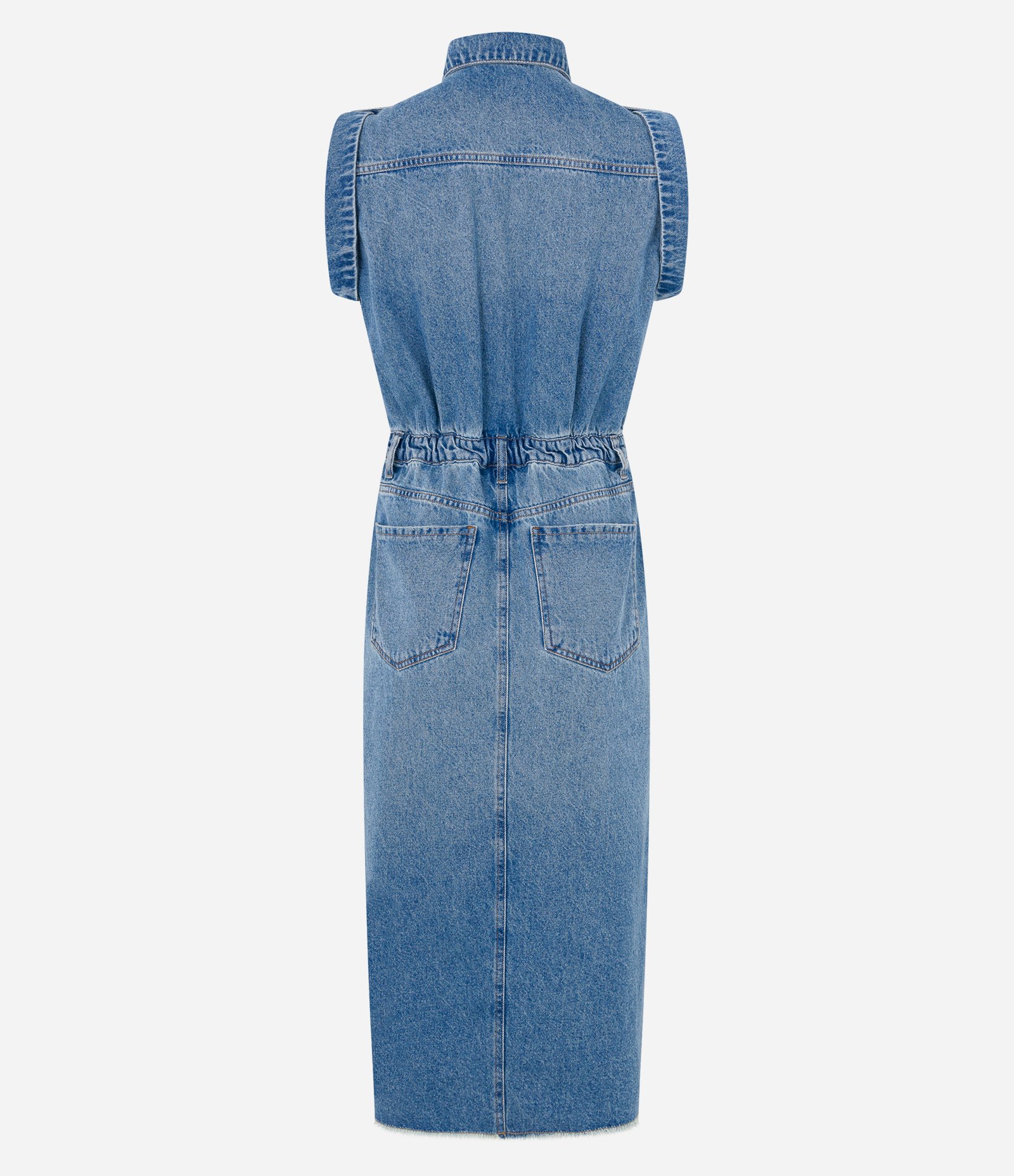 Vestido Midi em Jeans com Bolsos e Barra Desfiada Azul Médio 2