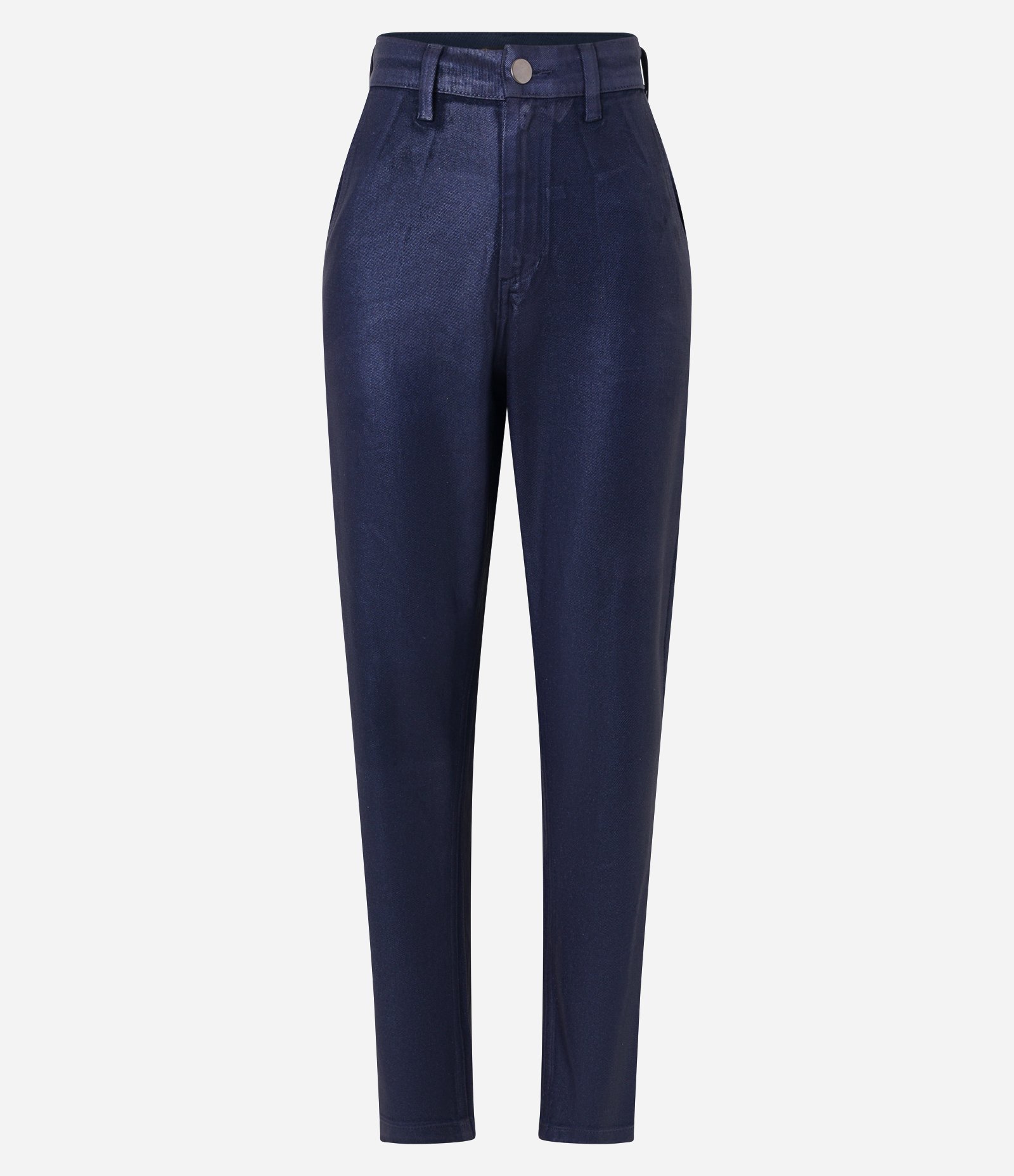 Calça Mom Jeans Resinado com Efeito Metalizado Azul 4