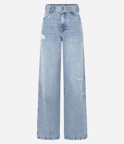 Calça Wide Leg Jeans com Cinto de Coração em Strass Puídos