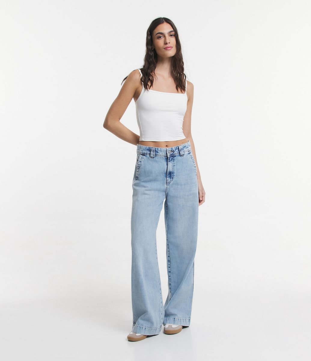 Calça Wide Leg em Jeans com Bolsos Azul - Renner