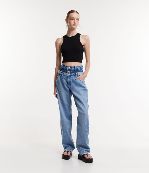 Calça Reta em Jeans com Cós Duplo e Diferenciação de Tonalidade Azul 1
