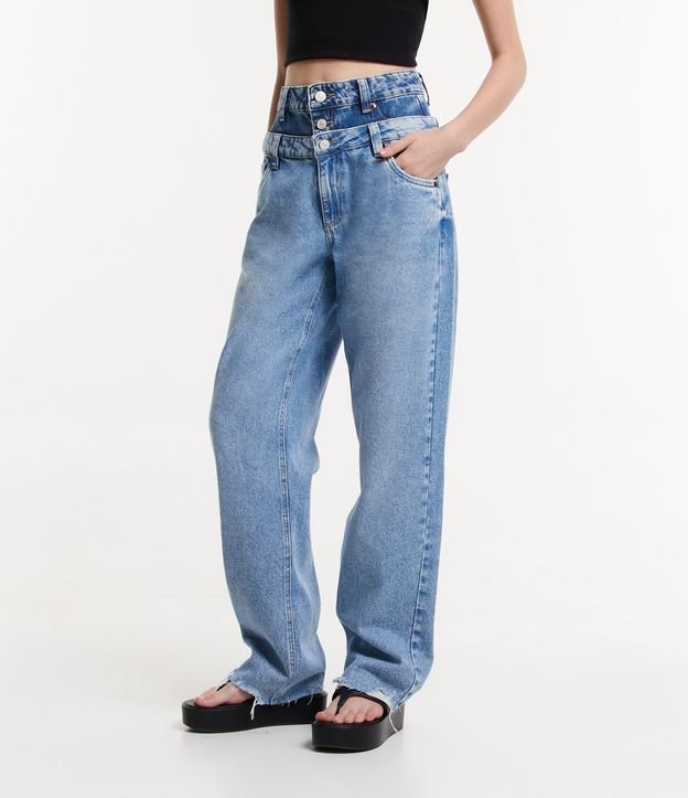 Calça Reta em Jeans com Cós Duplo e Diferenciação de Tonalidade Azul 2
