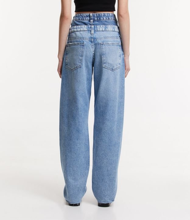 Calça Reta em Jeans com Cós Duplo e Diferenciação de Tonalidade Azul 3