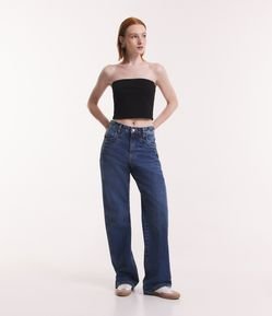 Calça Reta Jeans com Bolso Duplo e Barra Larga
