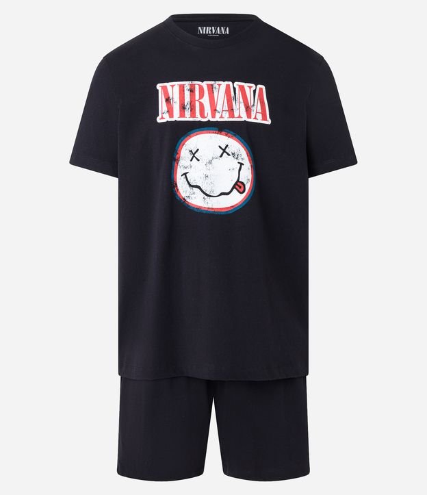 Pijama Curto em Meia Malha com Estampa do Nirvana Preto 5