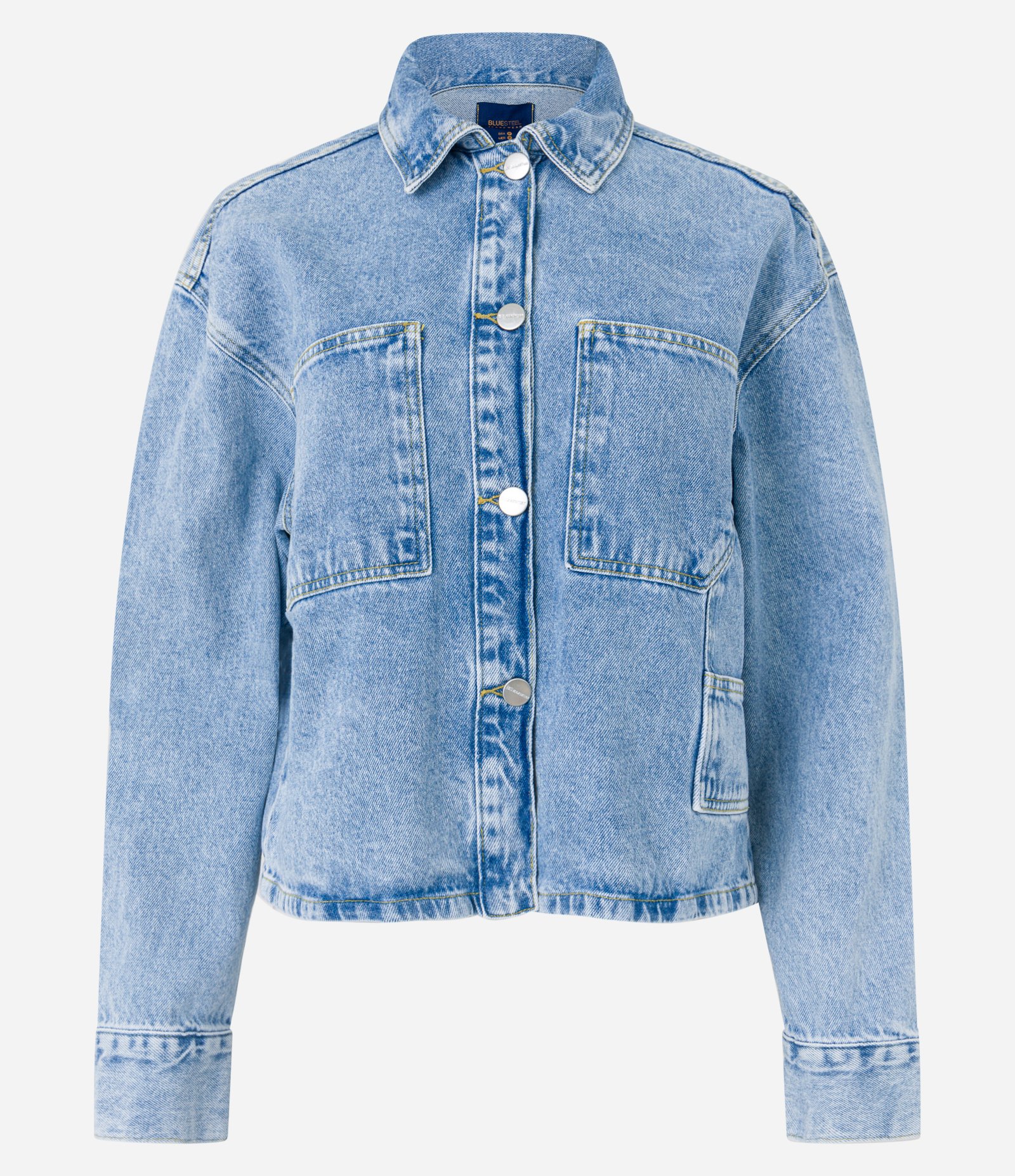 Camisa Cropped Jeans Marmorizada com Bolsos Azul 5