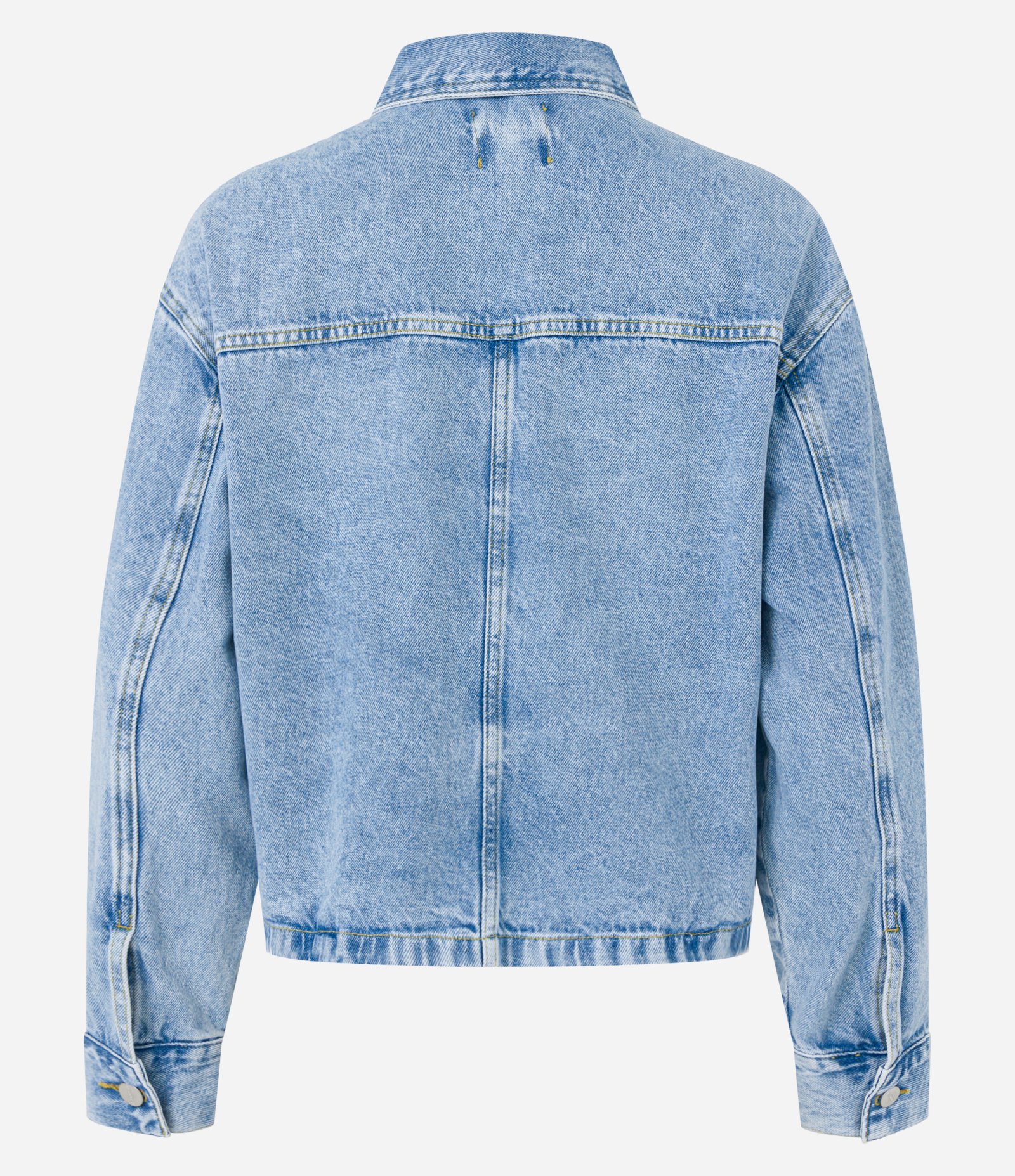 Camisa Cropped Jeans Marmorizada com Bolsos Azul 6
