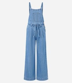 Macacão em Jeans com Alças Finas e Pregas