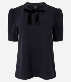 Blusa em Meia Malha com Laço na Gola e Manga Bufante