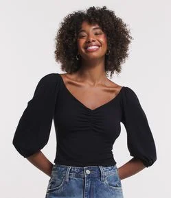 Blusa em Piquet com Franzido no Busto e Manga 3/4