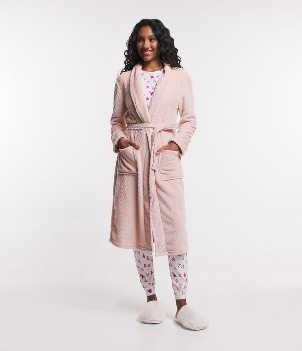 Robe Longo em Fleece Texturizado com Amarração Rosa 1