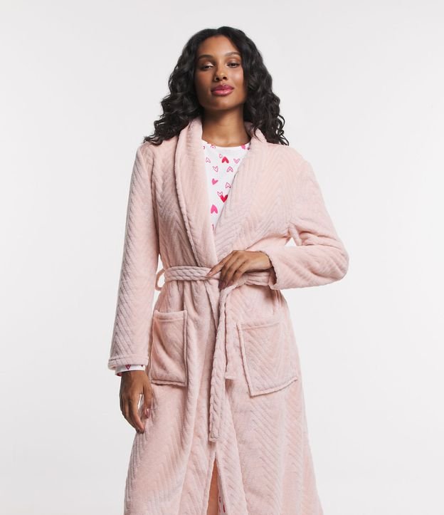 Robe Longo em Fleece Texturizado com Amarração Rosa 2