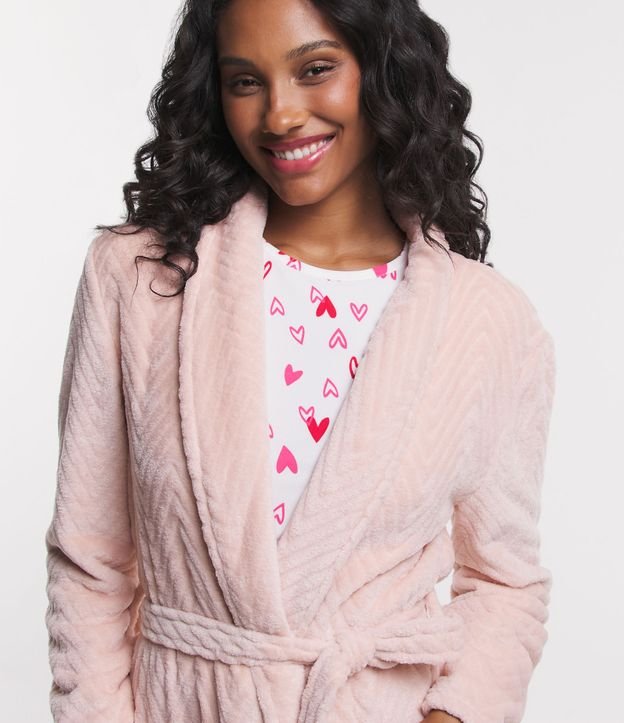 Robe Longo em Fleece Texturizado com Amarração Rosa 4