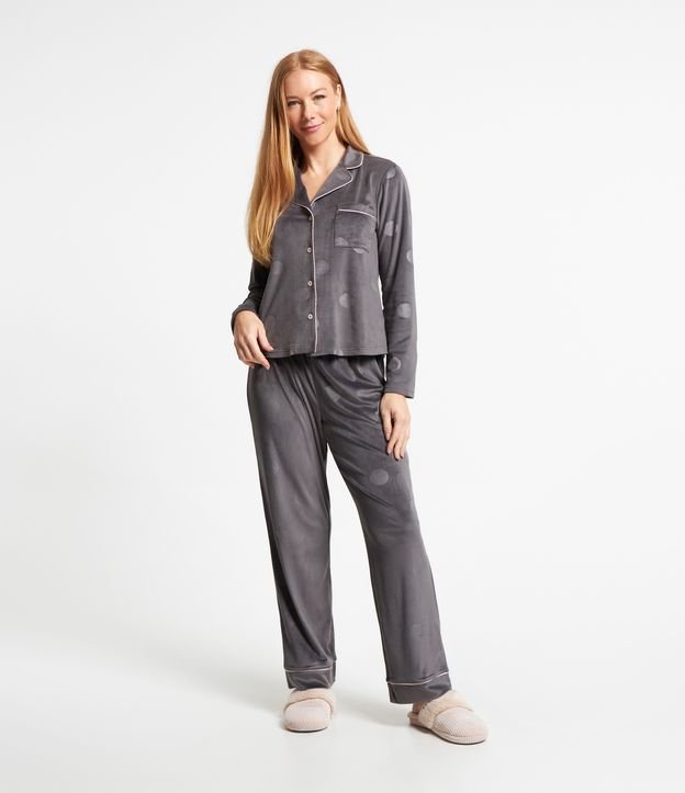 Pijama Americano Longo em Plush com Bolsinho Cinza 1