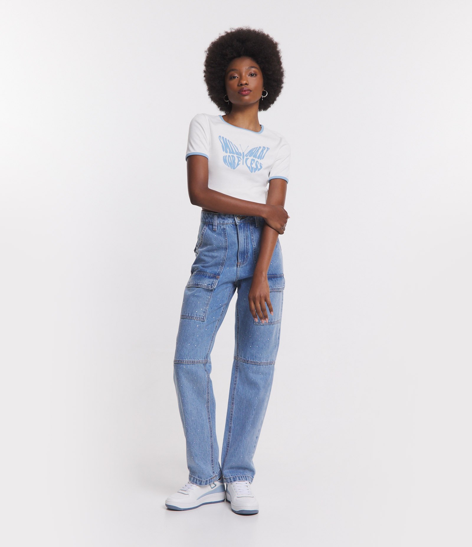 Camiseta Baby Look em Ribana com Estampa Borboleta Branco Neve 2