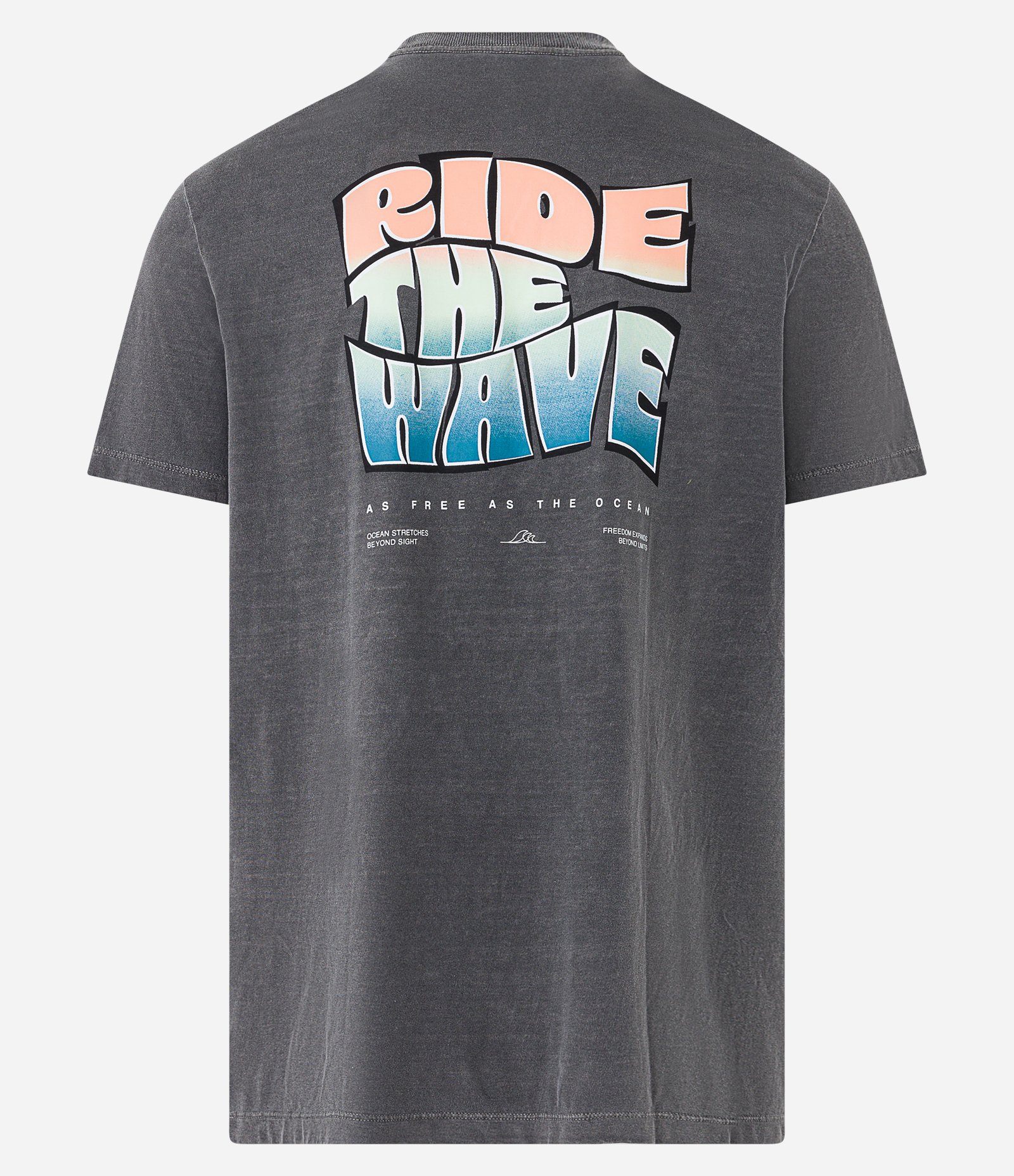 Camiseta Comfort em Meia Malha Estonada com Estampa Frente e Costas Ride the Wave Preto 7