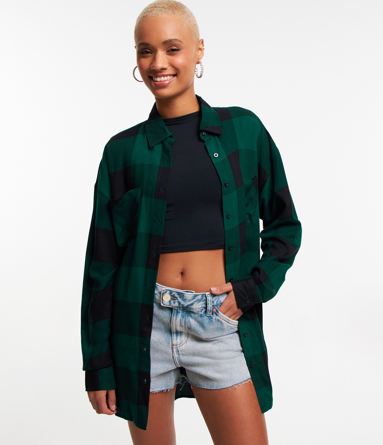 Camisa Alongada em Flanela Xadrez com Bolsos Verde/Preto 3