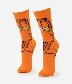 Meia Cano Longo em Algodão com Estampa do Garfield