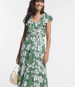 Vestido Midi em Viscolinho com Decote V e Estampa de Flores