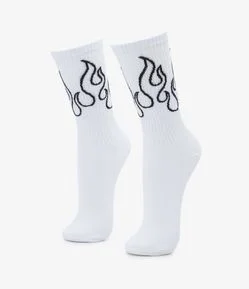 Meia Cano Alto em Algodão com Estampa Silhueta de Fogo