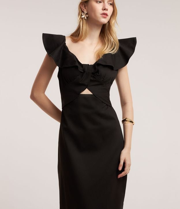 Vestido Midi Sem Manga em Linho com Babado