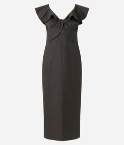 Vestido Midi Sem Manga em Linho com Babado