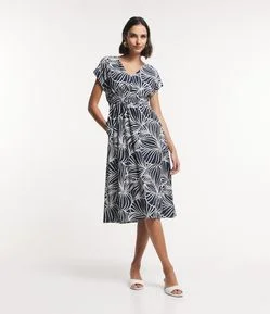 Vestido Midi em Tricoline com Cintura Elástico e Estampa Abstrata