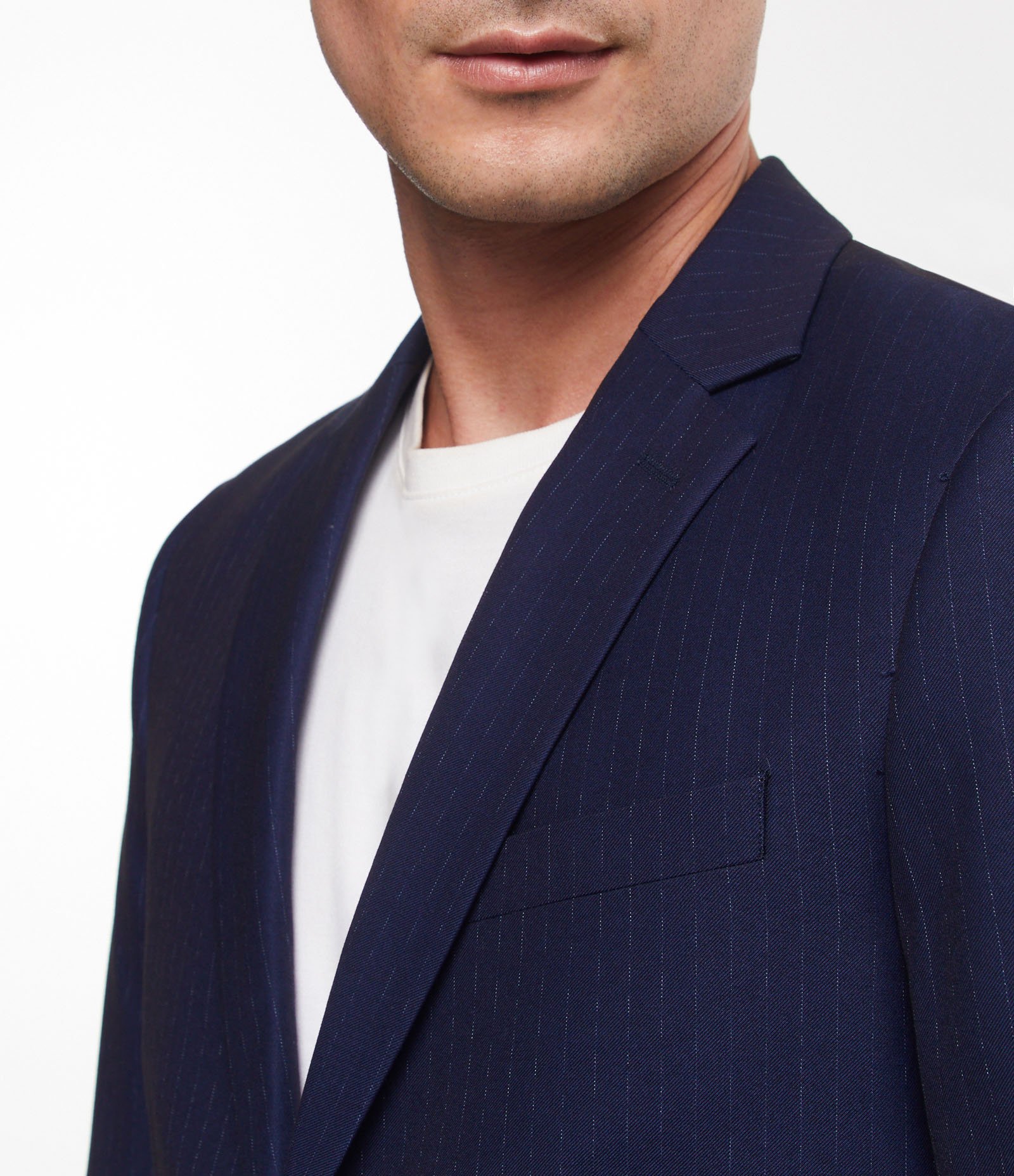 Paletó em Tricoline com Estampa Risca de Giz Azul Marinho 4