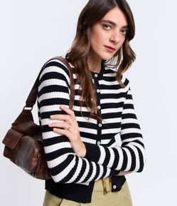 Cardigan em Tricô com Abotoamento e Estampa Listrada