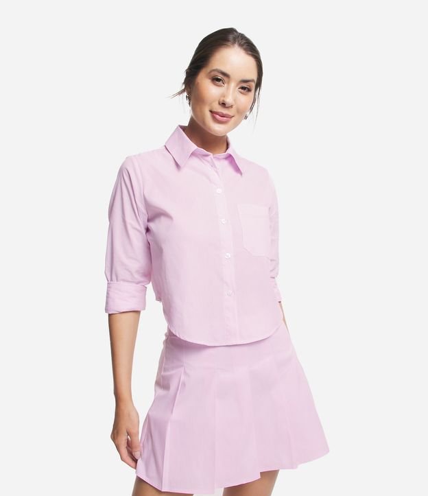 Camisa Curta em Tricoline com Listras Finas Rosa 1