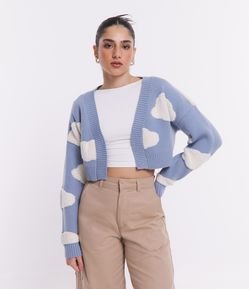 Cardigan Cropped em Tricô com Nuvens Atoalhadas