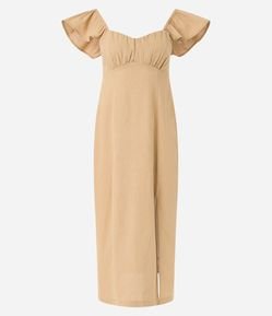 Vestido Midi em Linho com Franzido no Busto e Babadinho na Manga